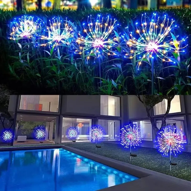 2Pcs 200LED Outdoor Solar Fireworks Light Waterproof Solar Garden Flower Light 8 Lighting Modes Christmas Yard Patio Decoration