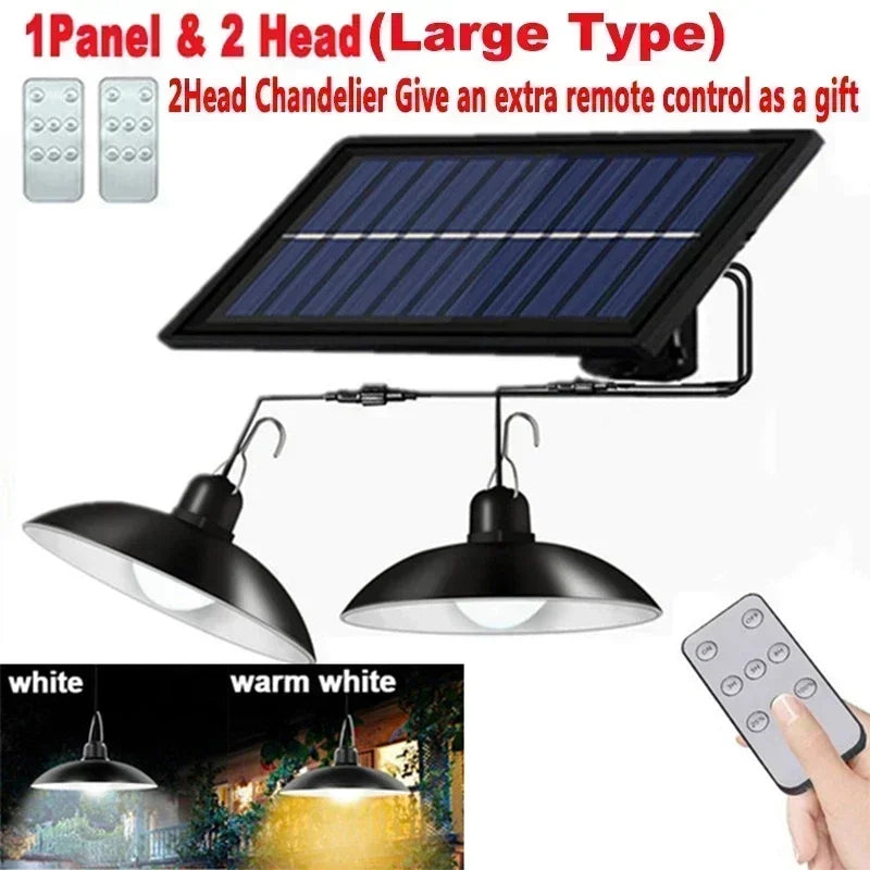 Solar Pendant Light Outdoor Waterproof LED Lamp Double-head Chandelier Decorations with Remote Control for Indoor Shed Barn Room