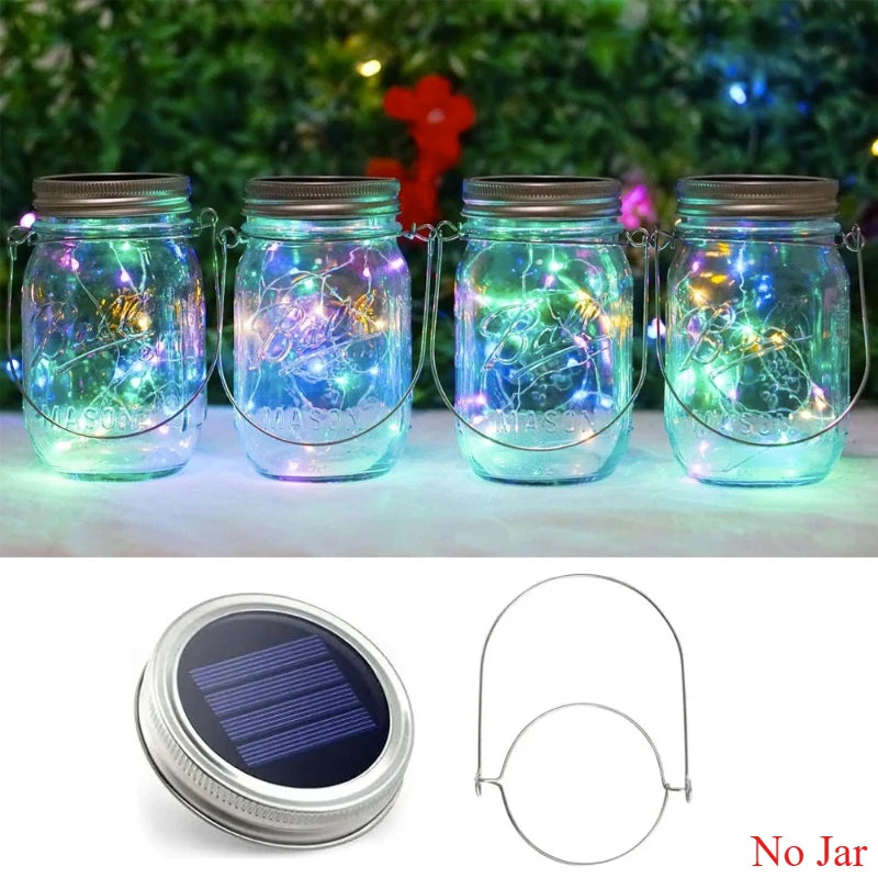 Solar Mason Jar Lid Light 20 Leds Fairy String Lights with Handles for Garden Hanging Lantern Patio Wedding Party (No Jar)