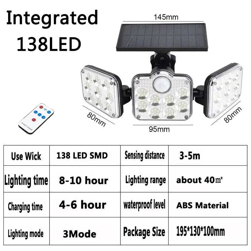 138/198/333 LED Solar Lights Outdoor Motion Sensor Human Induction Adjustable Head IP65 Waterproof Solar Power Wall Lamp