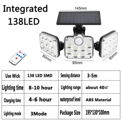 138/198/333 LED Solar Lights Outdoor Motion Sensor Human Induction Adjustable Head IP65 Waterproof Solar Power Wall Lamp