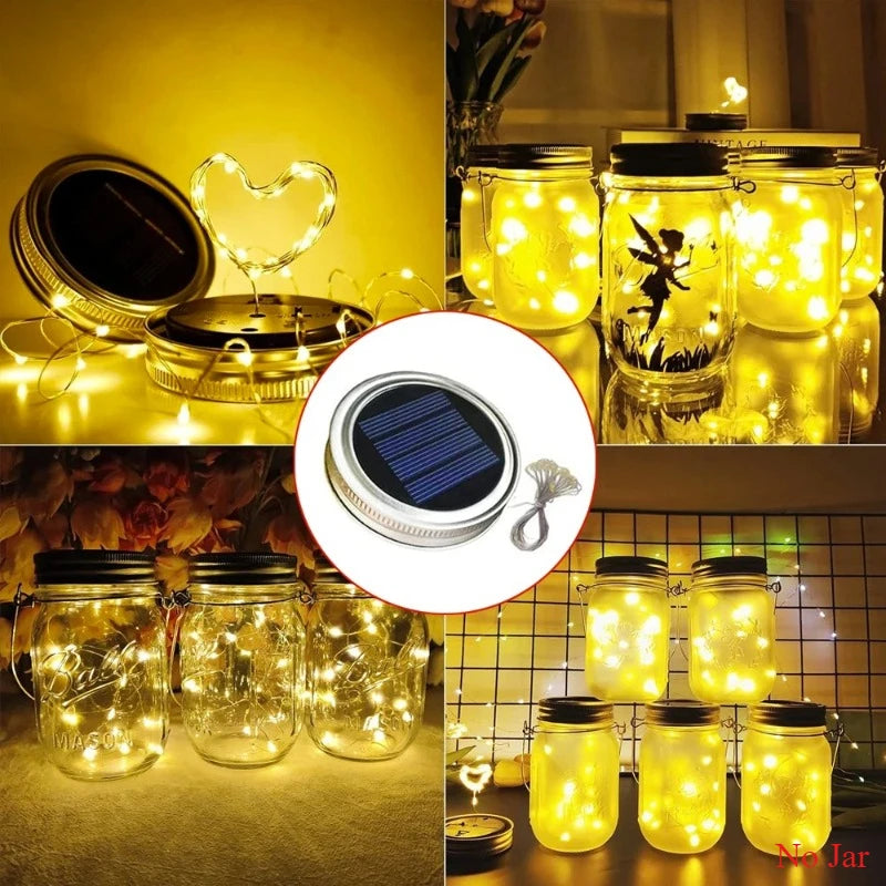 Solar Mason Jar Lid Light 20 Leds Fairy String Lights with Handles for Garden Hanging Lantern Patio Wedding Party (No Jar)