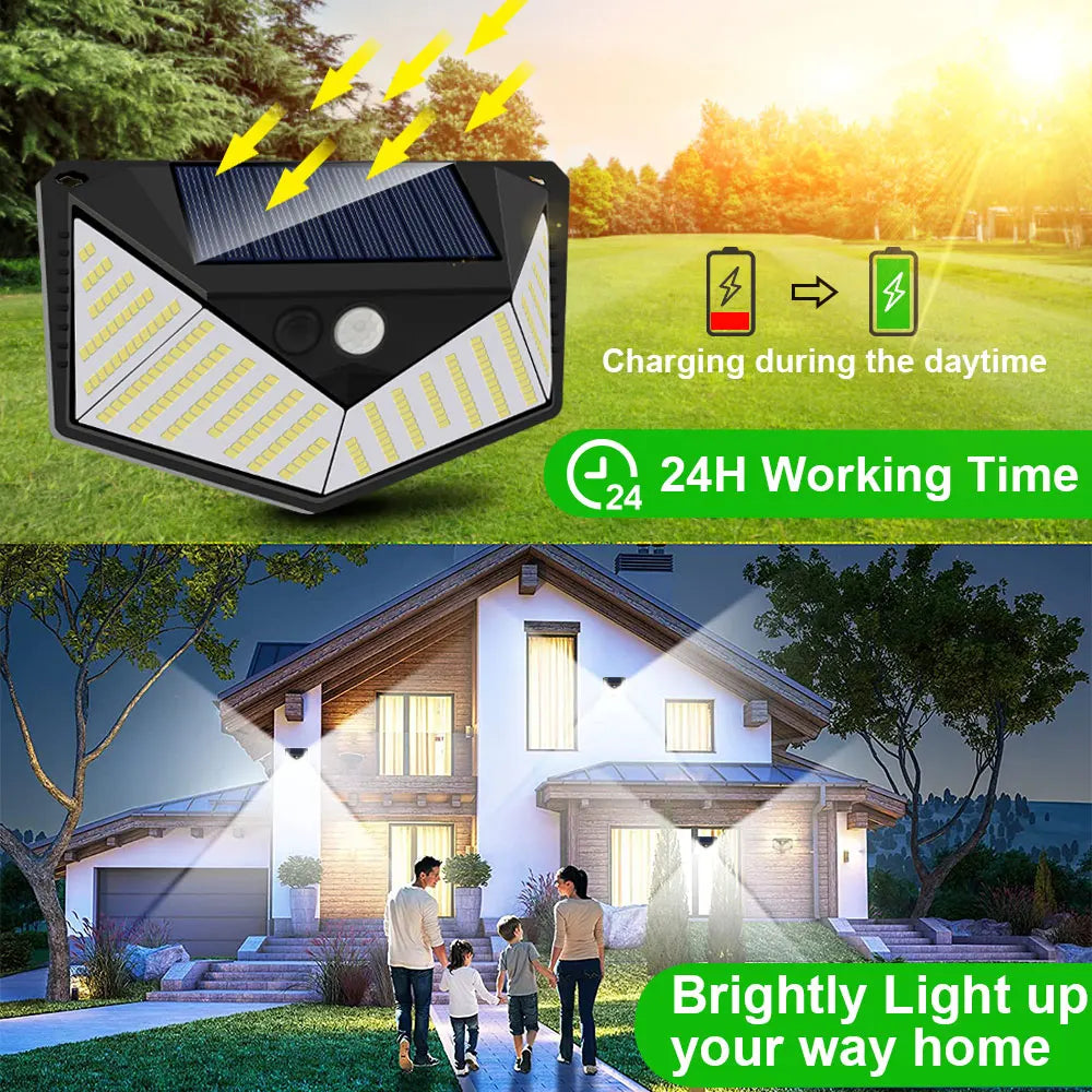 220LED Solar Light Outdoor 1-4PCS Solar Wall Lamp Human Body Sensor 3Mode Waterproof Garden Decor Street Lights Sunlight Powered