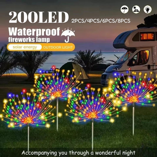 200 LEDs Solar Fireworks Light IP65 Waterproof 8 Modes Garden Stake Lamp Outdoor Yard Christmas Decoration Warm White Lighting