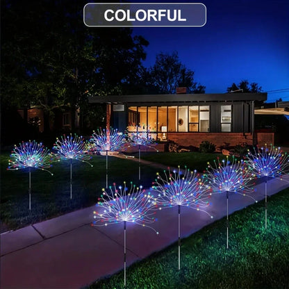 8 Mode Firework Lamp Solar Powered Outdoor Grass Globe Dandelion Fireworks Lamp for Garden Yard Lawn Landscape Holiday Light