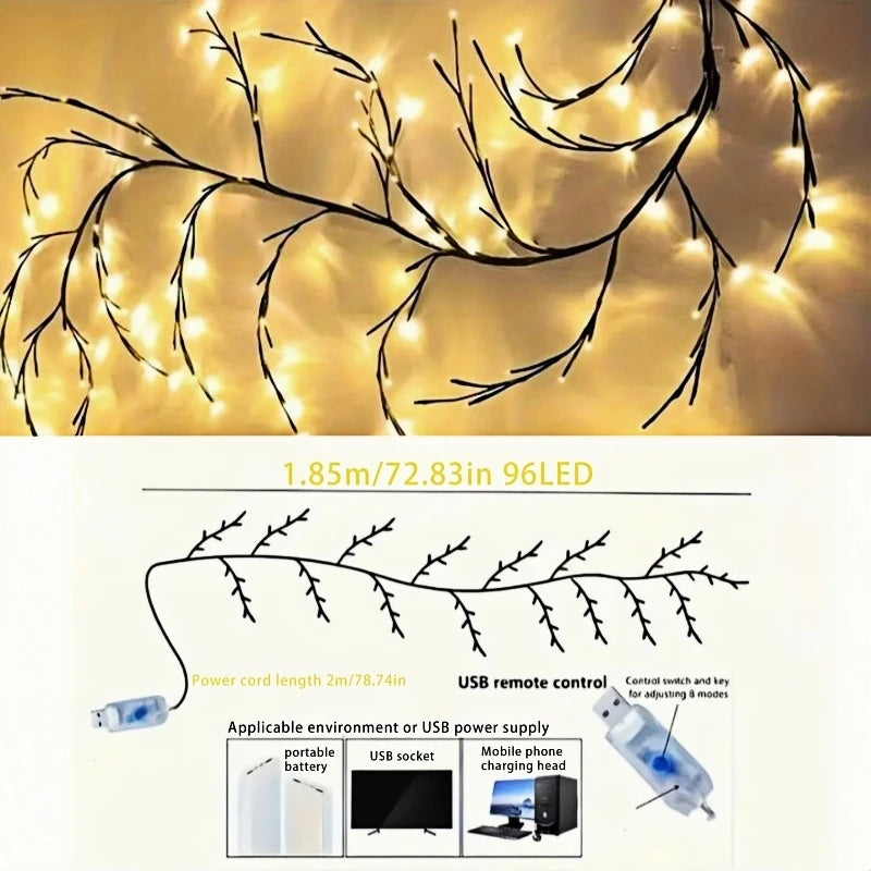 96LEDS Bendable Willow Vine Lights, 8Moeds Rattan Tree Decorative Light, Night Light, For Wall Bedroom Indoor Outdoor Christmas