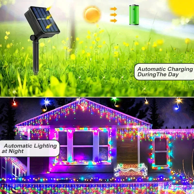 Solar Curtain Icicle Lights Lights Outdoor Waterproof Eaves Decor String Lights for Yard Party Holiday Decorations Home Decor