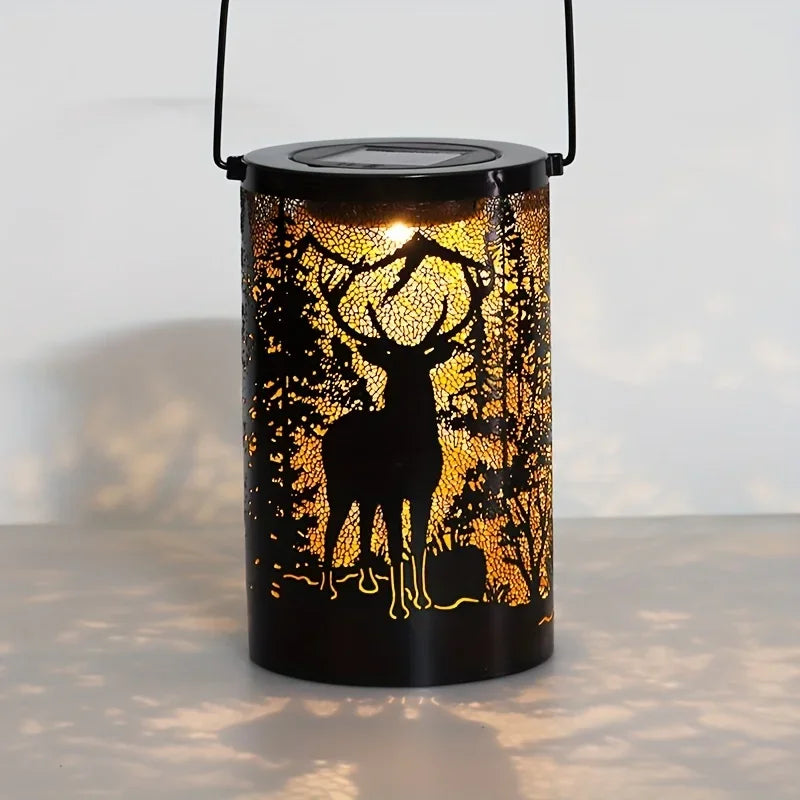 Solar Lantern Deer And Forest Pattern Hollow Projection Light Outdoor Garden Decor Threshold Courtyard Landscape Terrace Lamp