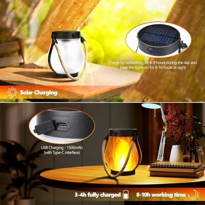 Solar Flickering Flame Lantern Hanging Outdoor with Rope Handle Solar & USB Charging for Garden or Yard Christmas Decorations