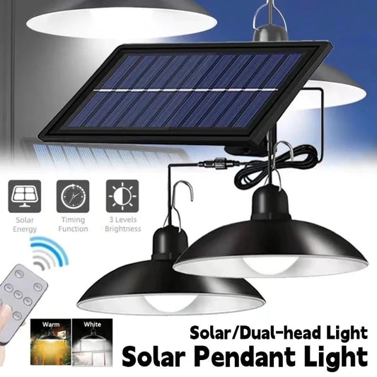Solar Pendant Light Outdoor Waterproof LED Lamp Double-head Chandelier Decorations with Remote Control for Indoor Shed Barn Room