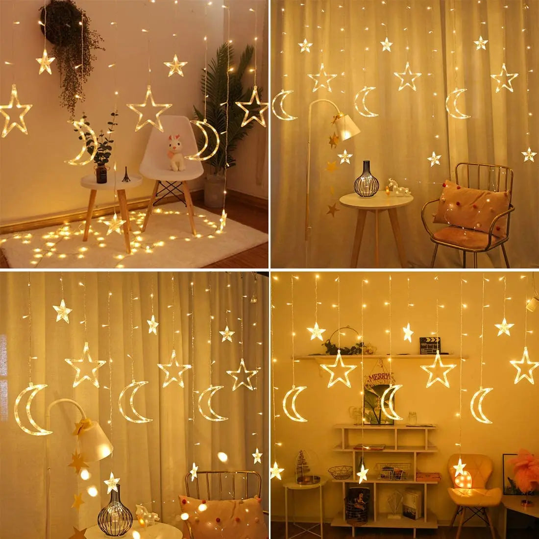 3.5M LED Star&Moon Curtain String Light Solar/ Battery Operated Hanging Fairy Garland With 8 Flashing Modes For Christmas Decor