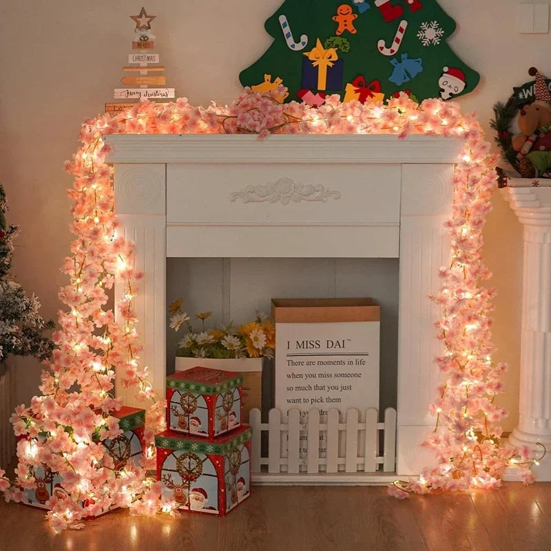 2M 20LEDS Sakura Artificial Flowers Vine for Home Room BedroomsGarden Wedding Decoration Party Outdoor Ornament Fake Flowers