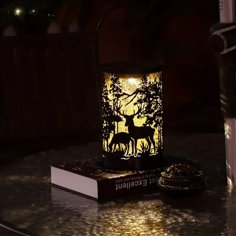 Solar Lantern Deer And Forest Pattern Hollow Projection Light Outdoor Garden Decor Threshold Courtyard Landscape Terrace Lamp