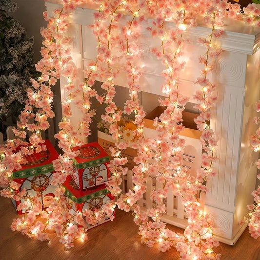 2M 20LEDS Sakura Artificial Flowers Vine for Home Room BedroomsGarden Wedding Decoration Party Outdoor Ornament Fake Flowers