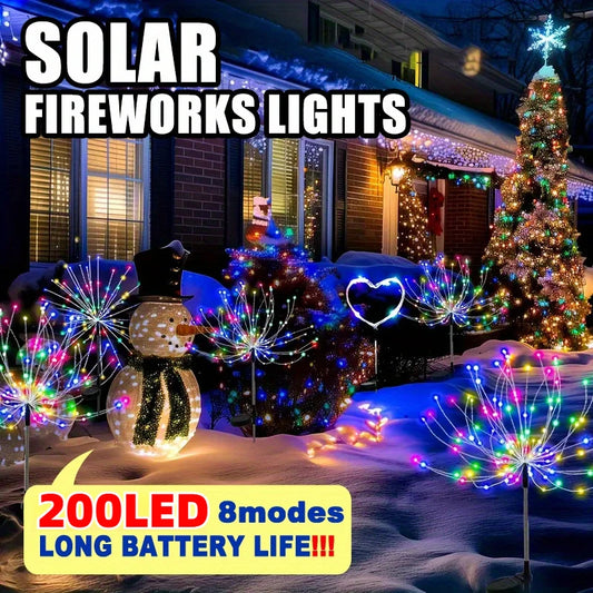 WZS 200Led Solar Powered Fireworks Lamp Fairy Lamp 8 Lighting Modes Suitable for Courtyard Garden Lawn Party Family Decoration