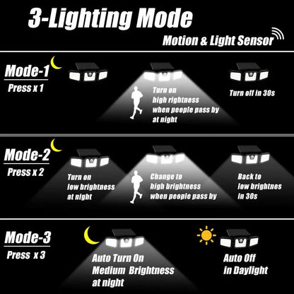 74 LED Solar Wall Lamp Outdoor 3 Heads Waterproof Motion Sensor Light Waterproof 3 Modes Security Flood Lights Yard Porch Garden