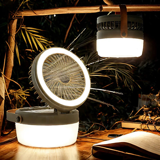 Outdoor Solar Fan Lantern Camping Lights 2-in-1 with 4 Light Modes Hanging for Power Failure Emergency Survival Travel Adventure