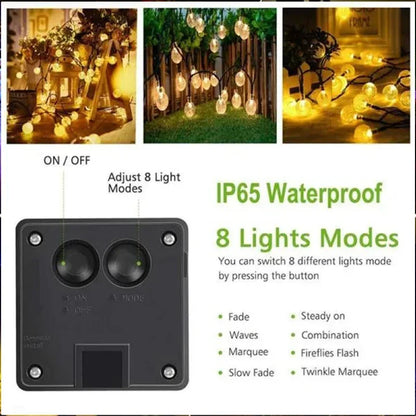 Solar Fairy Lights Outdoor Warm White 8 Modes IP65 Waterproof Crystal Ball String Light for Garden, Patio, Yard, Party, Wedding