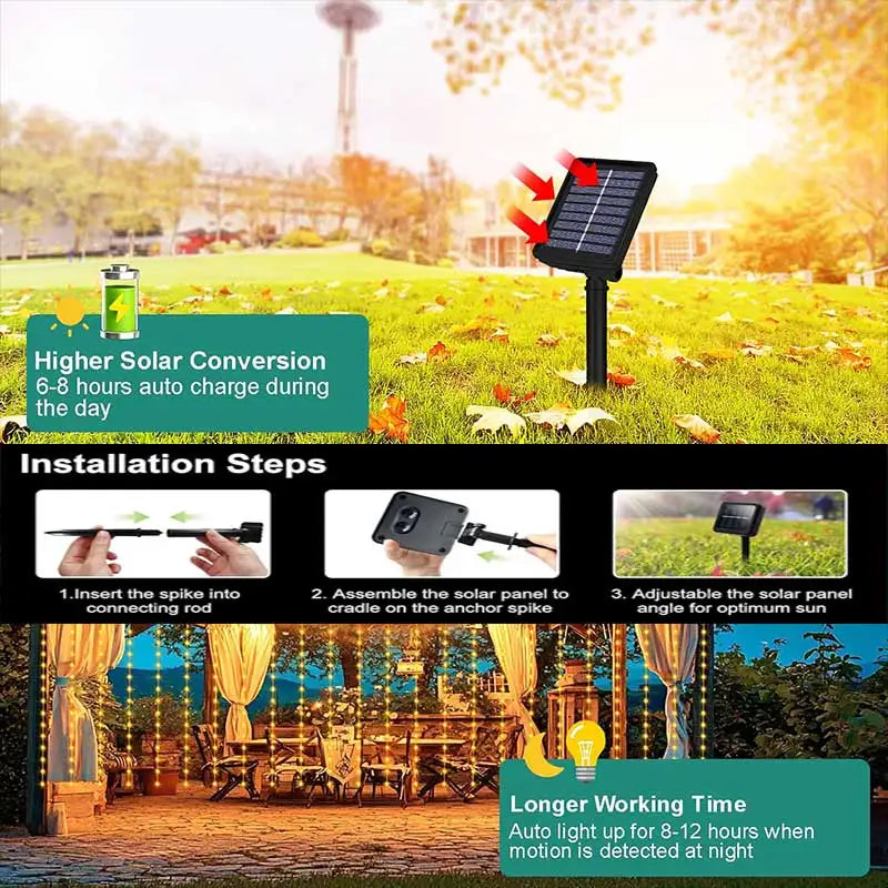 300 LED Solar Courtyard Curtain Lights Outdoor Waterproof Fairy String Lights With 8 Modes for Garden Window Bedroom Wedding