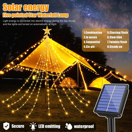 Solar Five-Pointed Star Waterfall Light Waterproof Fairy Lights Christmas Tree Decor for Garden Party Decorations Garden Lights