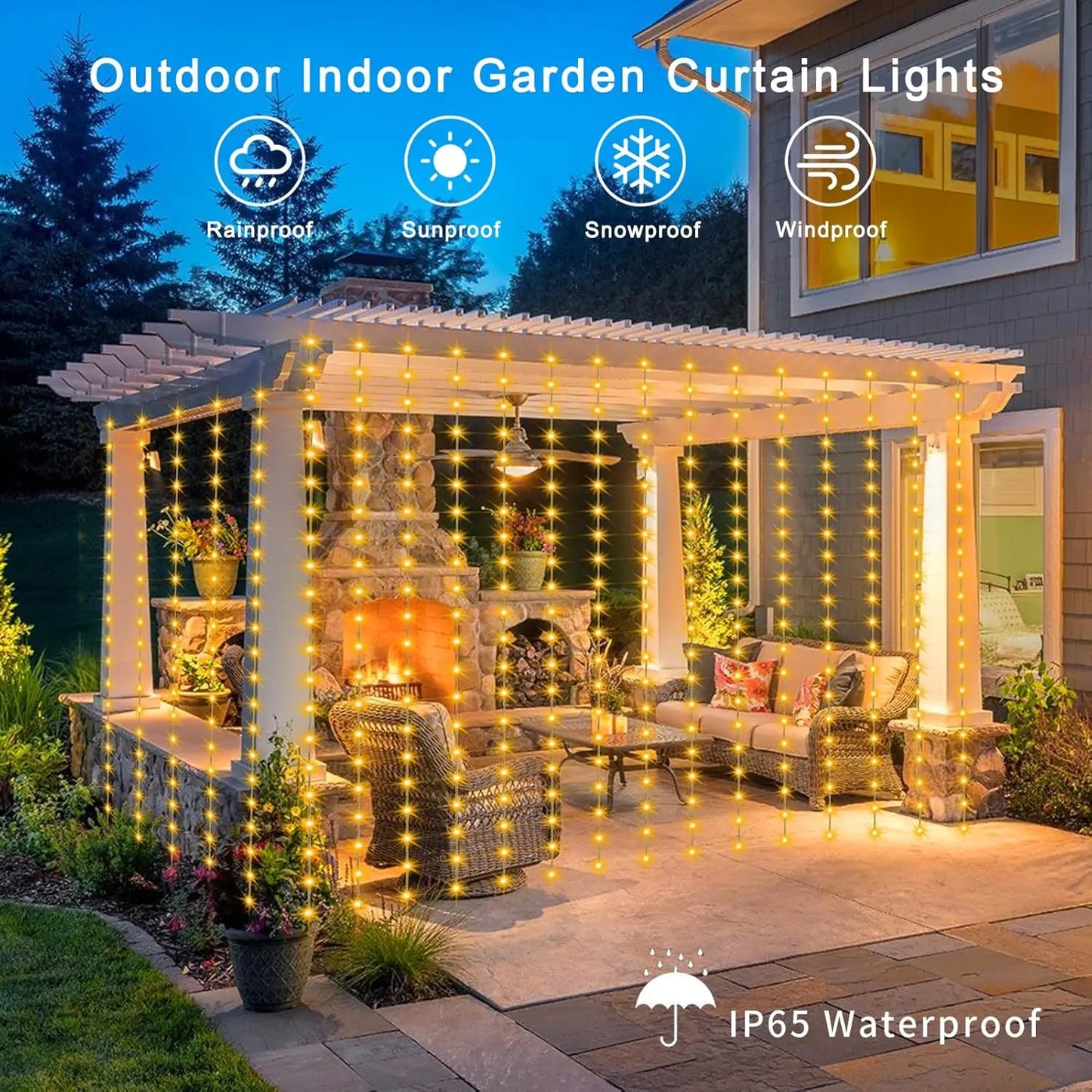 300 LED Solar Courtyard Curtain Lights Outdoor Waterproof Fairy String Lights With 8 Modes for Garden Window Bedroom Wedding