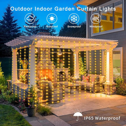 300 LED Solar Courtyard Curtain Lights Outdoor Waterproof Fairy String Lights With 8 Modes for Garden Window Bedroom Wedding