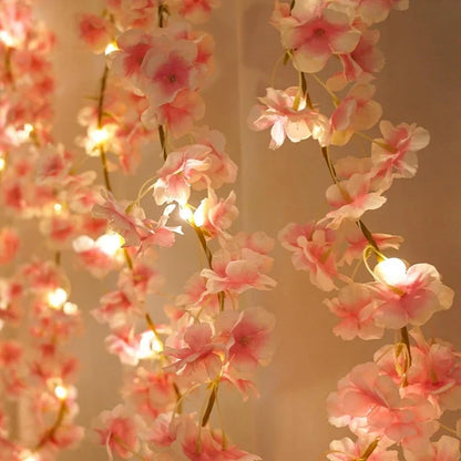 2M 20LEDS Sakura Artificial Flowers Vine for Home Room BedroomsGarden Wedding Decoration Party Outdoor Ornament Fake Flowers