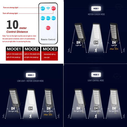 3 Modes 640LED Big Solar Street Lights Outdoor Sunlight Motion Sensor Solar Street Remote Control Waterproof Courtyard Wall Lamp