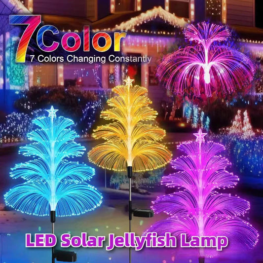 Solar Christmas Trees Jellyfish Decoration Lights Outdoor Waterproof and Snow Proof 5 Layer Optical Fiber 7 Color Changing