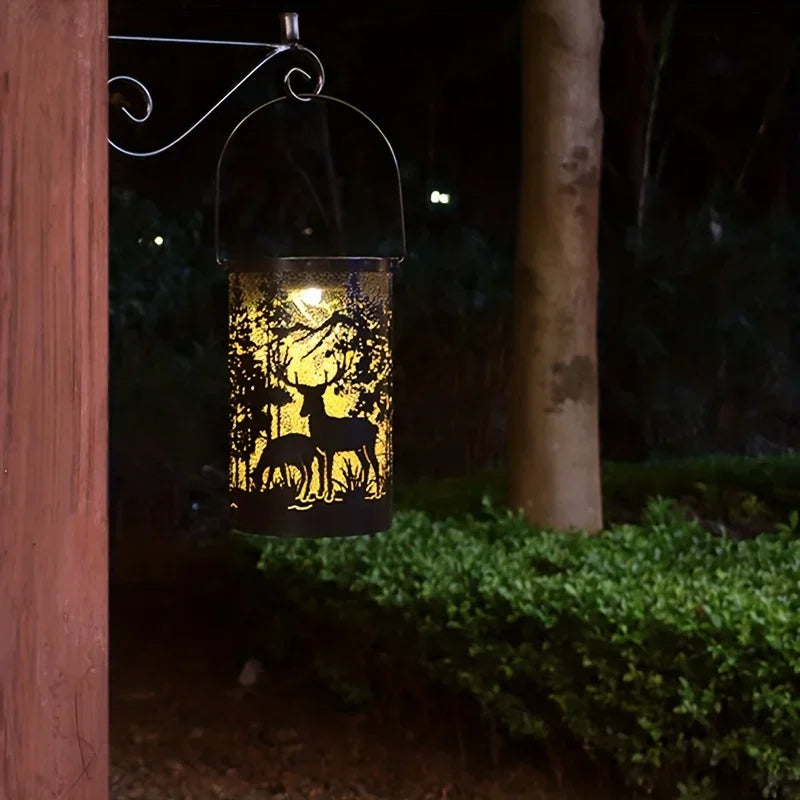 Solar Lantern Deer And Forest Pattern Hollow Projection Light Outdoor Garden Decor Threshold Courtyard Landscape Terrace Lamp