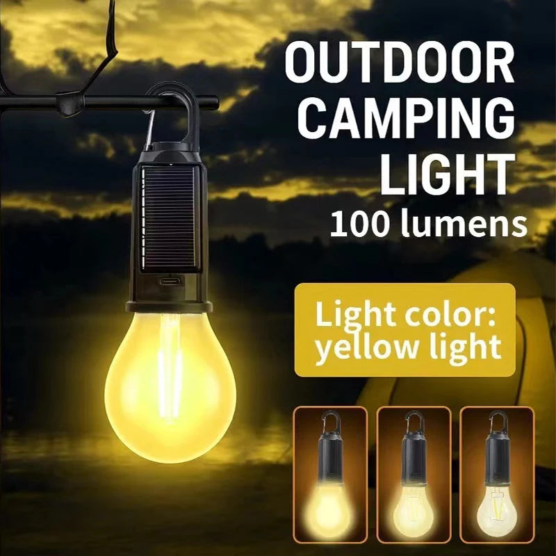 Rechargeable Camping Light, Solar LED Bulb, Waterproof with 3 Lighting Modes, Comfortable Hook, Camp Lantern for Breakdowns