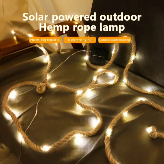 5M/10M Solar Powered Vintage Rope Hemp String Lights With 8 Lighting Modes 100/200 LEDs Copper Wire Fairy Lamp For Camping Decor