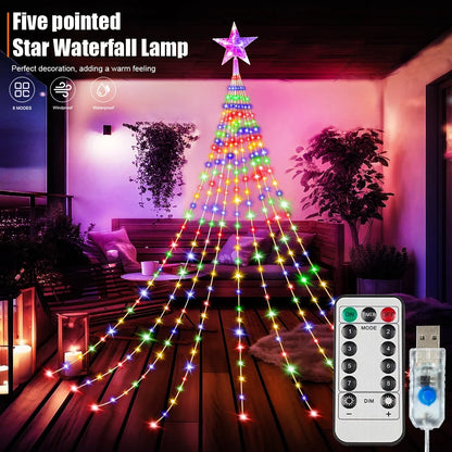 2m 200 LED Star Waterfall Lights with 8 Modes USB Powered & Remote Control Camping Light Indoor Outdoor Christmas String Lights