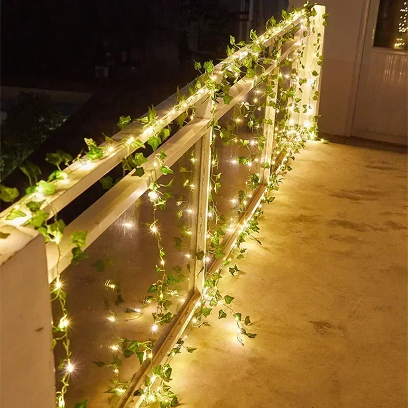 Green Leaf String Light Solar Vine Ivy Fairy Lights Garland Outdoor for Garden Party Courtyard Terrace Wedding Decoration