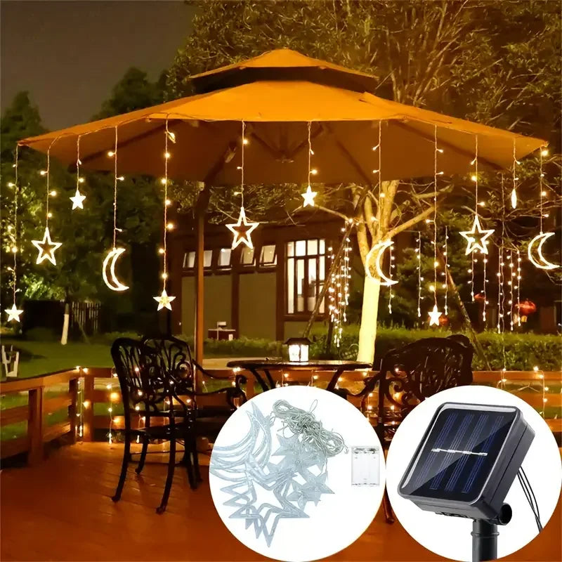 3.5M LED Star&Moon Curtain String Light Solar/ Battery Operated Hanging Fairy Garland With 8 Flashing Modes For Christmas Decor