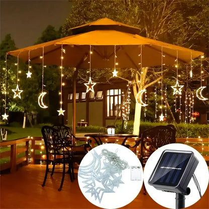 3.5M LED Star&Moon Curtain String Light Solar/ Battery Operated Hanging Fairy Garland With 8 Flashing Modes For Christmas Decor