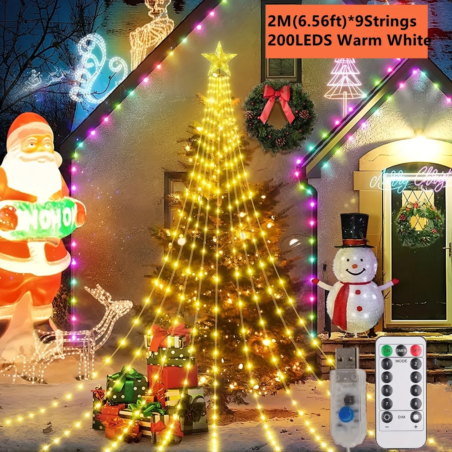 2m 200 LED Star Waterfall Lights with 8 Modes USB Powered & Remote Control Camping Light Indoor Outdoor Christmas String Lights