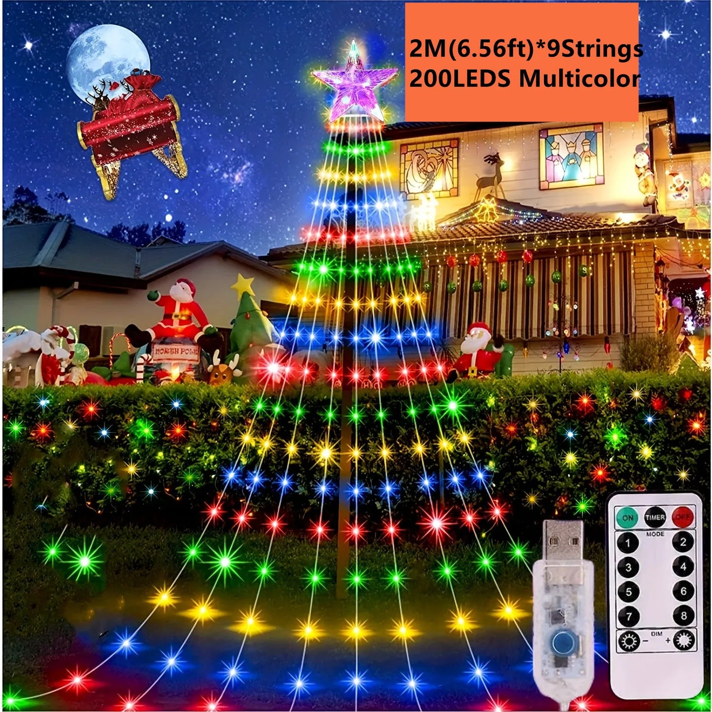 2m 200 LED Star Waterfall Lights with 8 Modes USB Powered & Remote Control Camping Light Indoor Outdoor Christmas String Lights