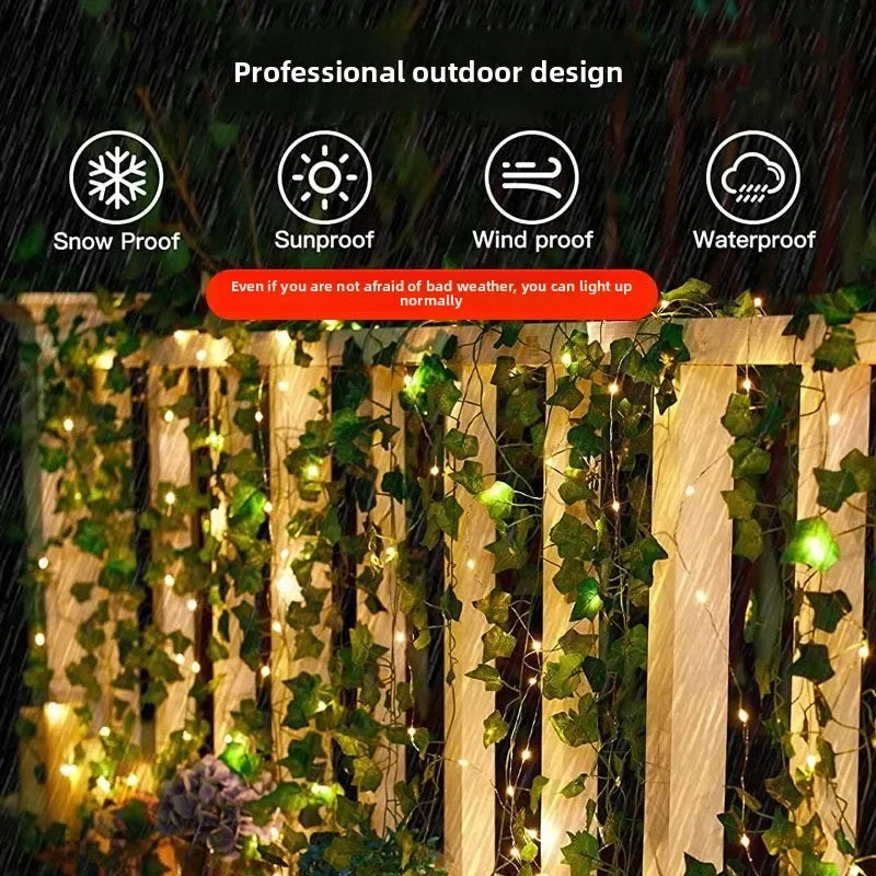 Green Leaf String Light Solar Vine Ivy Fairy Lights Garland Outdoor for Garden Party Courtyard Terrace Wedding Decoration