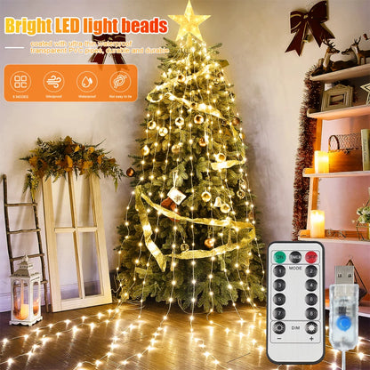 2m 200 LED Star Waterfall Lights with 8 Modes USB Powered & Remote Control Camping Light Indoor Outdoor Christmas String Lights