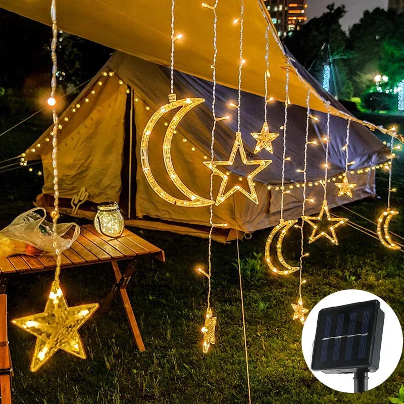 3.5M LED Star&Moon Curtain String Light Solar/ Battery Operated Hanging Fairy Garland With 8 Flashing Modes For Christmas Decor