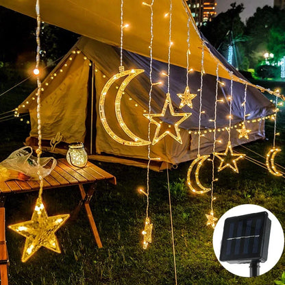 3.5M LED Star&Moon Curtain String Light Solar/ Battery Operated Hanging Fairy Garland With 8 Flashing Modes For Christmas Decor