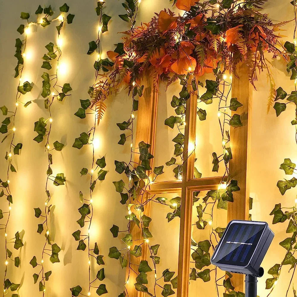 Green Leaf String Light Solar Vine Ivy Fairy Lights Garland Outdoor for Garden Party Courtyard Terrace Wedding Decoration
