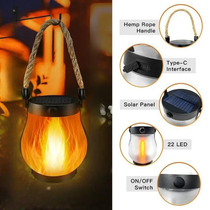 Solar Flickering Flame Lantern Hanging Outdoor with Rope Handle Solar & USB Charging for Garden or Yard Christmas Decorations