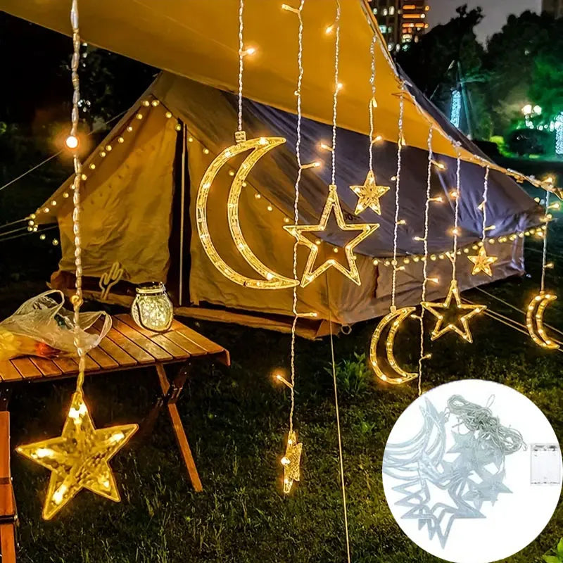 3.5M LED Star&Moon Curtain String Light Solar/ Battery Operated Hanging Fairy Garland With 8 Flashing Modes For Christmas Decor