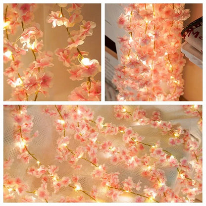 2M 20LEDS Sakura Artificial Flowers Vine for Home Room BedroomsGarden Wedding Decoration Party Outdoor Ornament Fake Flowers
