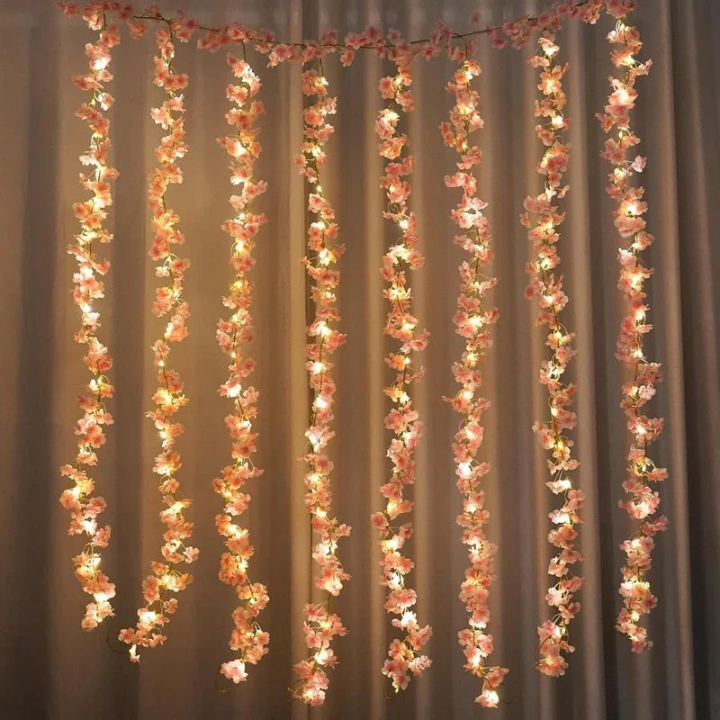 2M 20LEDS Sakura Artificial Flowers Vine for Home Room BedroomsGarden Wedding Decoration Party Outdoor Ornament Fake Flowers