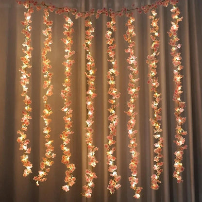 2M 20LEDS Sakura Artificial Flowers Vine for Home Room BedroomsGarden Wedding Decoration Party Outdoor Ornament Fake Flowers