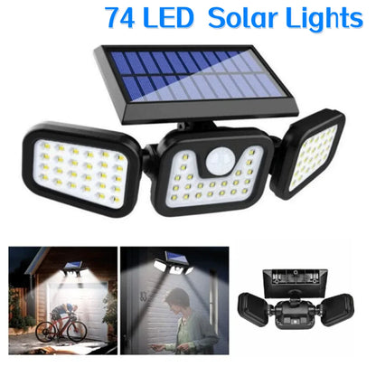 74 LED Solar Wall Lamp Outdoor 3 Heads Waterproof Motion Sensor Light Waterproof 3 Modes Security Flood Lights Yard Porch Garden
