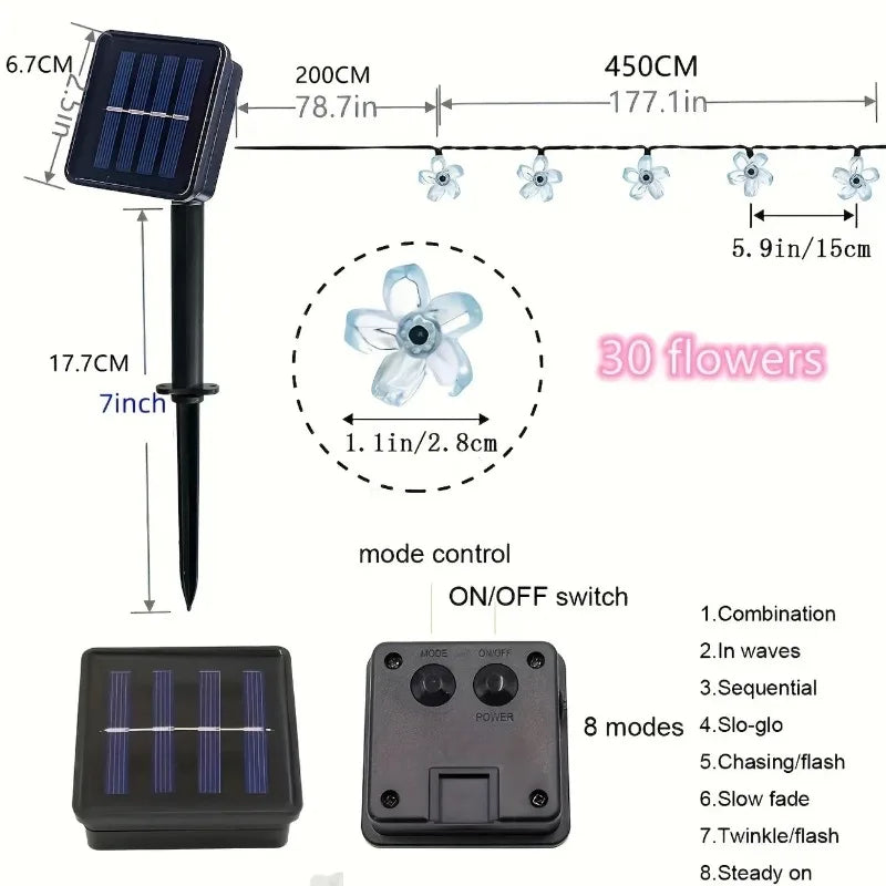 1pc 6.5M30LED Solar String Sakura Lights LED Outdoor Waterproof Festival Garden Decorative Lights Solar Garden Light